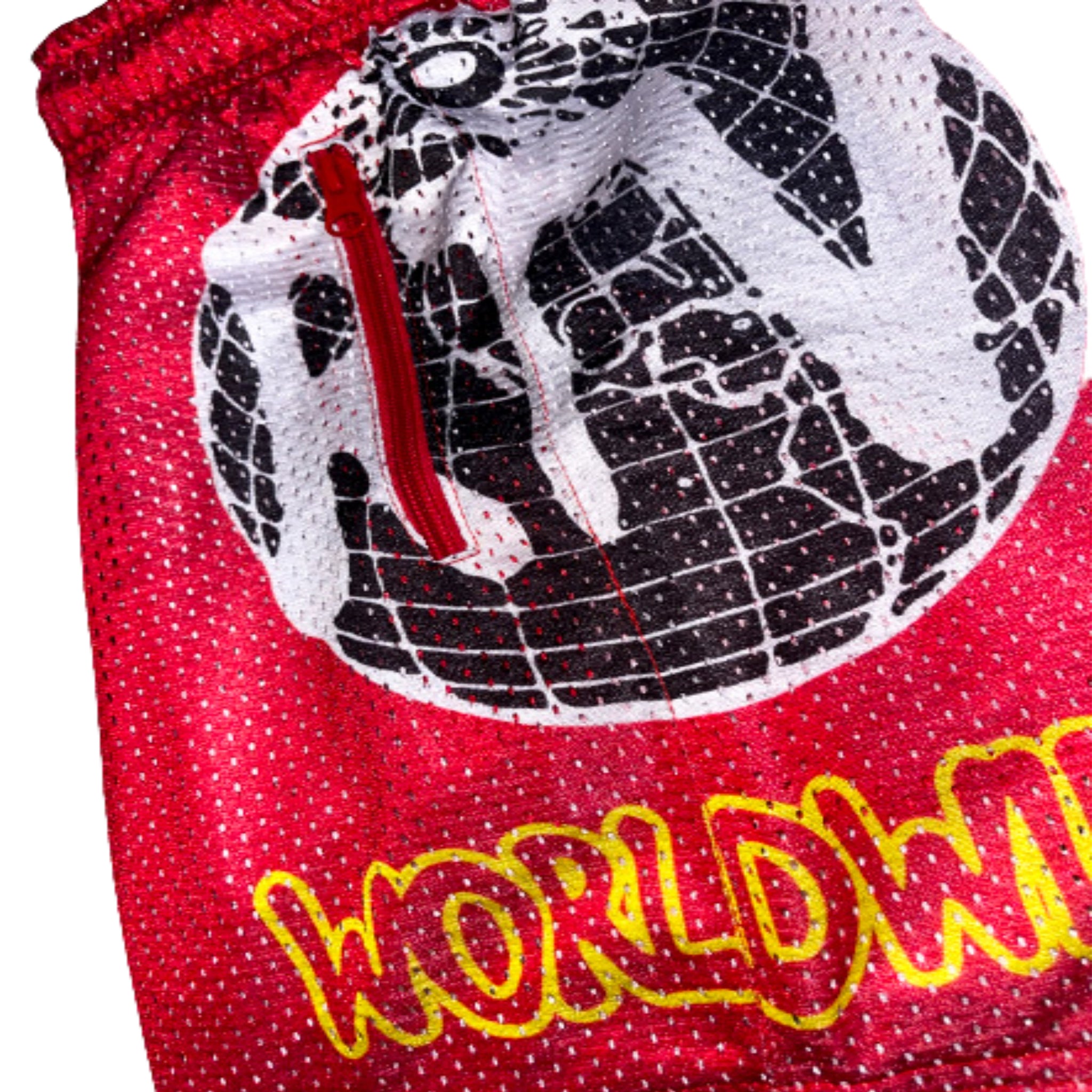 RED "ROBUSTVISIONS WORLDWIDE" SHORTS